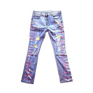 Shein Size 36 Paint Splash Green Fiber Distressed Ripped Light Wash Jean…